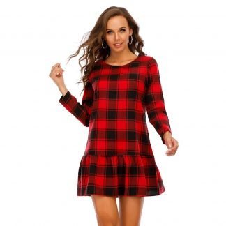 Dress  Navy Plaid O Neck Long Sleeve